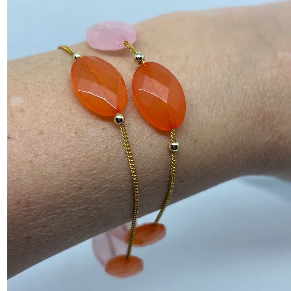 Two Strand Gemstone Bracelet Gold Tone Orange Pink‎ Faceted Beaded Toggle Clasp